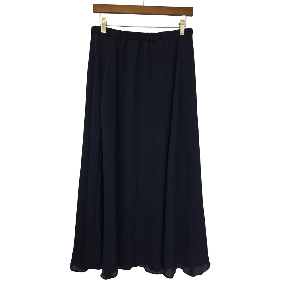 Max Studio Midi Skirt Textured Crepe Elastic Waist Women Large Navy Blue Pockets